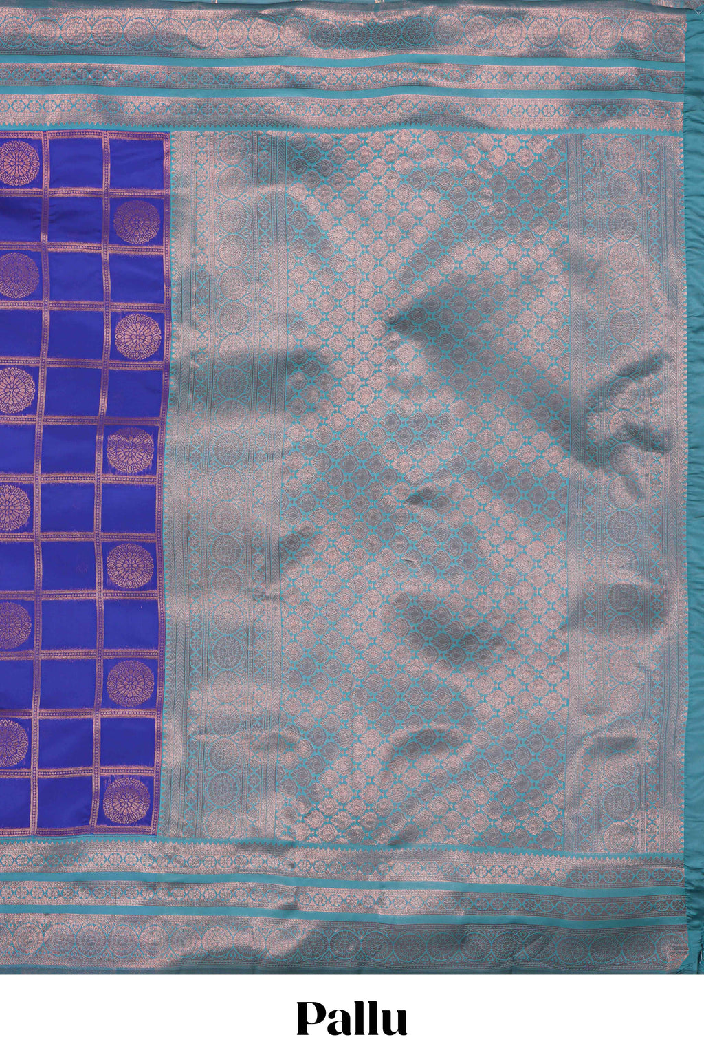Blue checked floral motifs design art silk saree with contrast zari border and motifs blouse