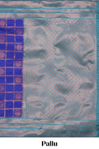 Blue checked floral motifs design art silk saree with contrast zari border and motifs blouse