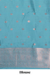 Blue checked floral motifs design art silk saree with contrast zari border and motifs blouse