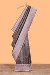 Dark brown checked floral & peacock motifs design art silk saree with contrast zari border and motifs blouse