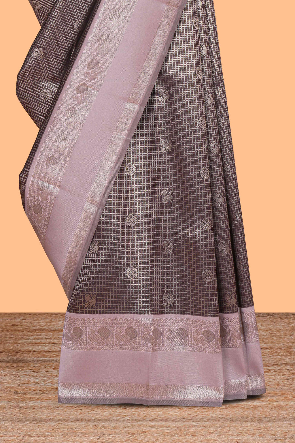 Dark brown checked floral & peacock motifs design art silk saree with contrast zari border and motifs blouse