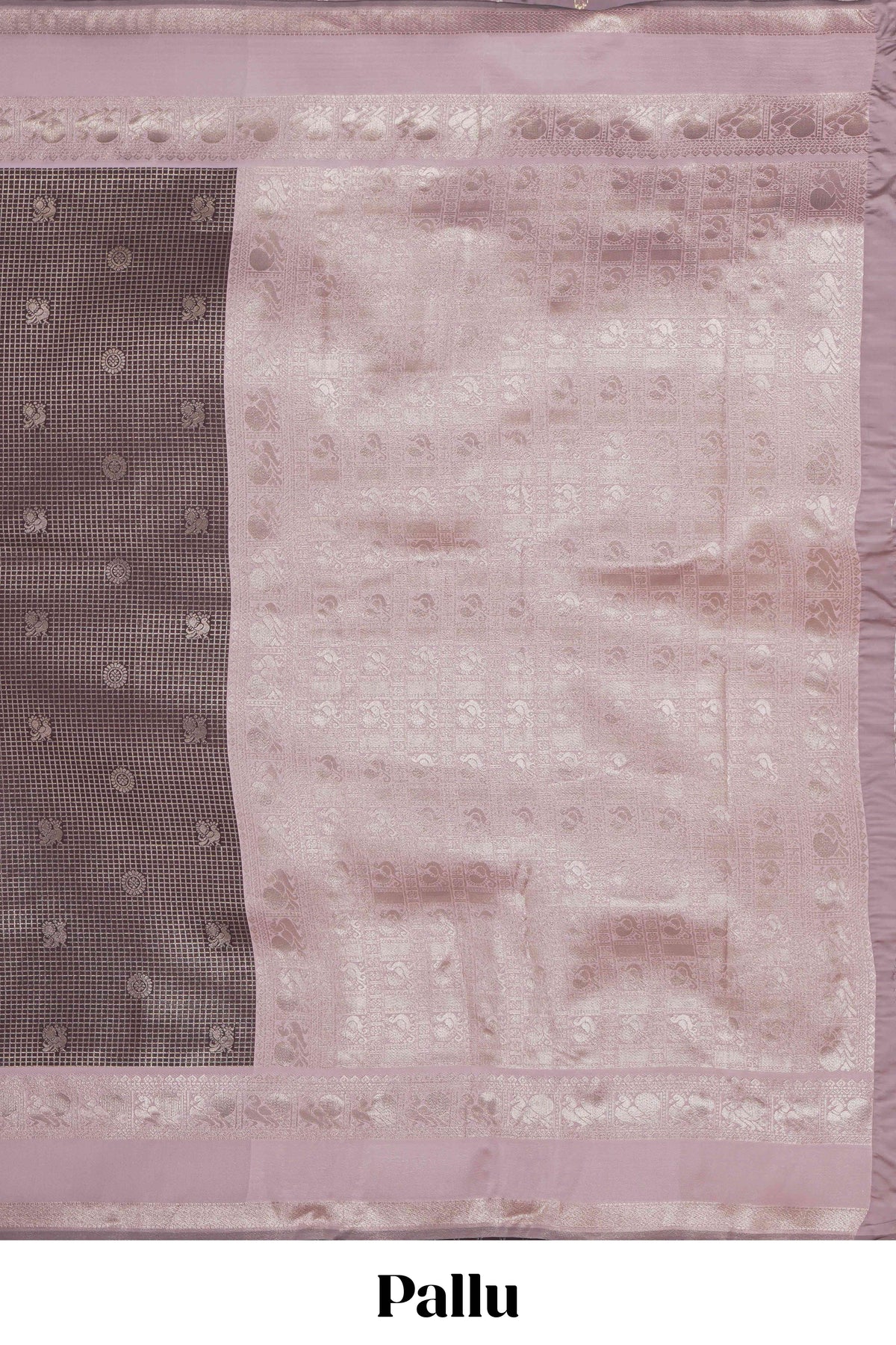 Dark brown checked floral & peacock motifs design art silk saree with contrast zari border and motifs blouse