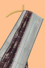 Dark brown checked floral & peacock motifs design art silk saree with contrast zari border and motifs blouse