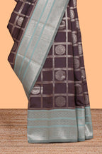 Dark brown checked floral & peacock motifs design art silk saree with contrast zari border and motifs blouse