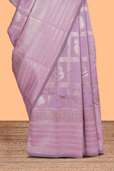 Lavender checked birds motifs design art silk saree with self zari border and matching motifs blouse