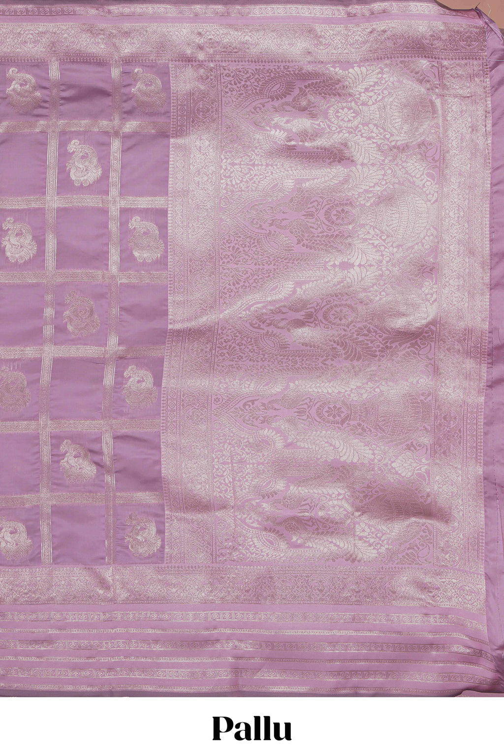 Lavender checked birds motifs design art silk saree with self zari border and matching motifs blouse