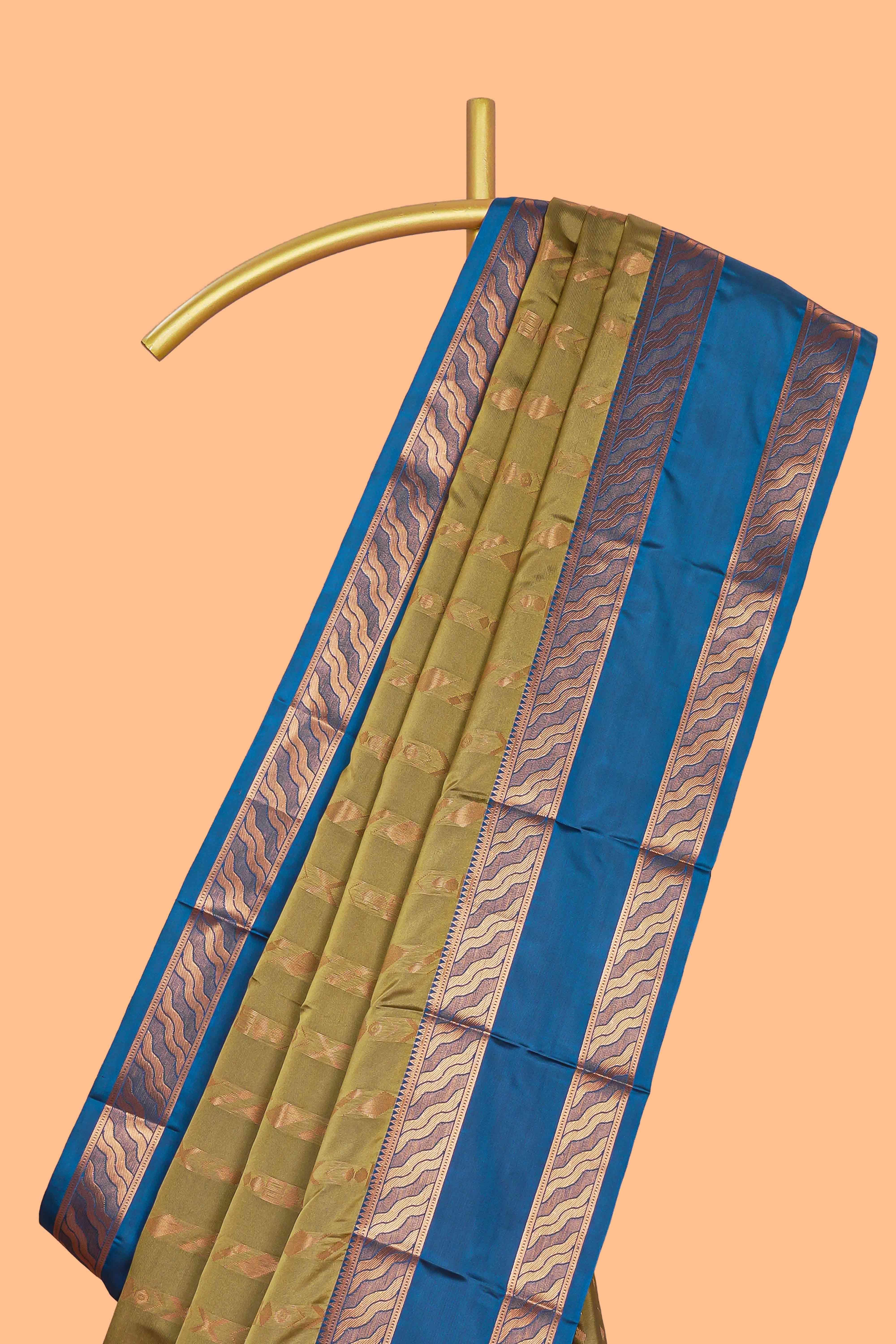 Green striped zari design art silk saree with contrast zari border and blouse