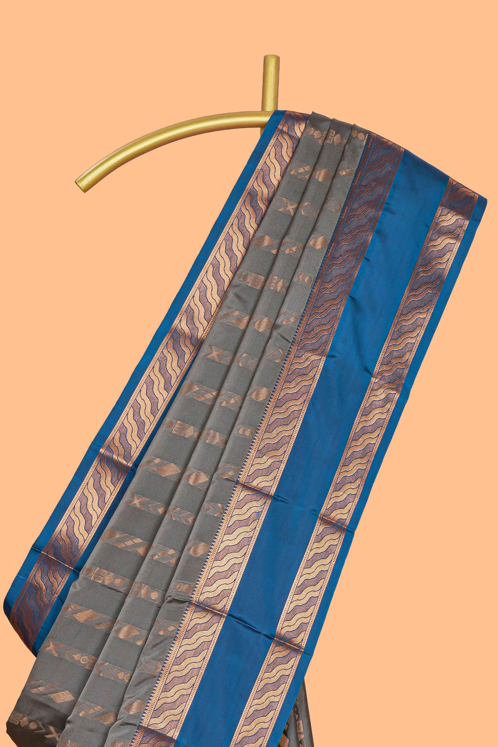 Grey striped zari design art silk saree with contrast zari border and blouse