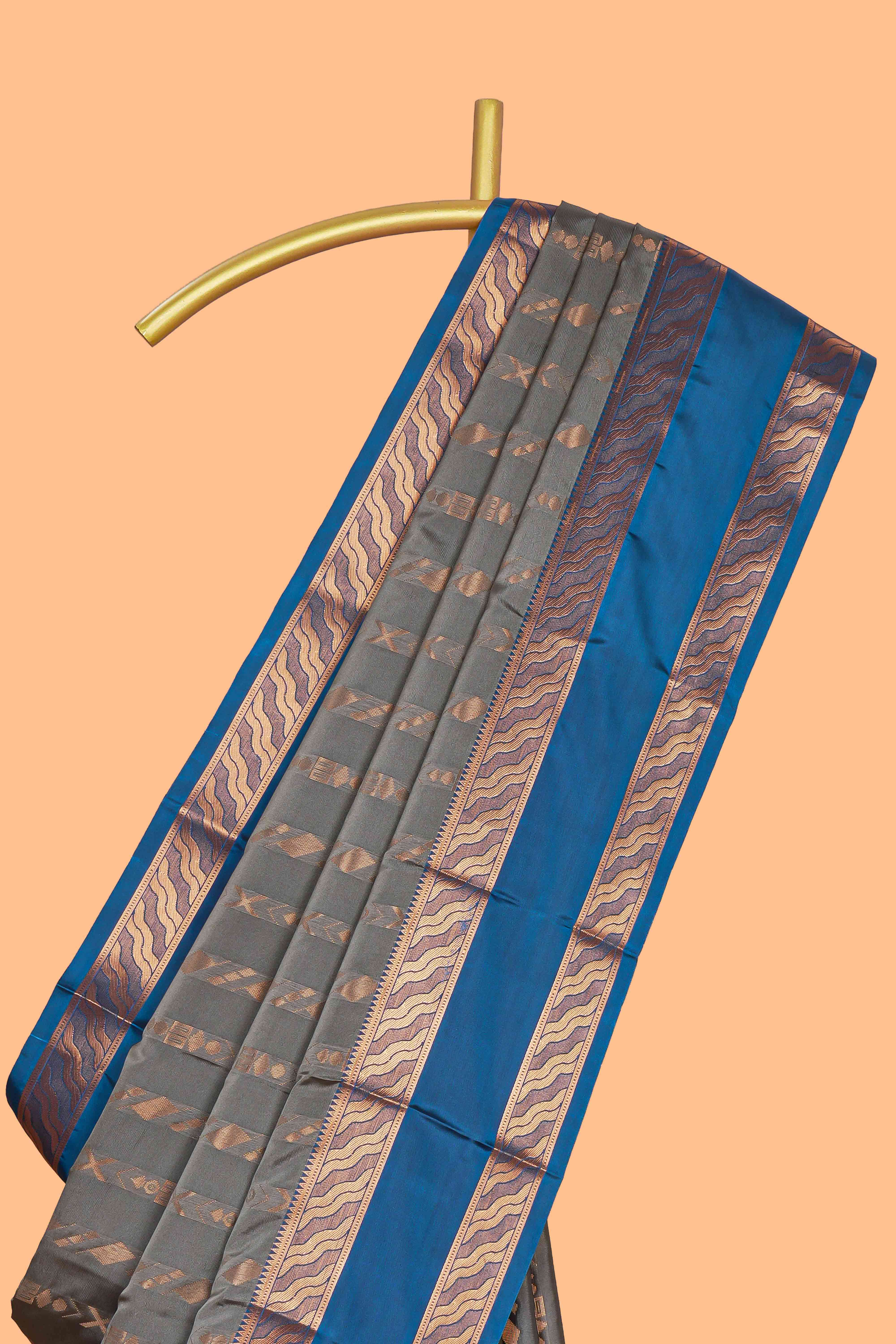 Grey striped zari design art silk saree with contrast zari border and blouse
