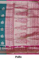 Green floral motifs design art silk saree with self traditional palak design border and contrast blouse