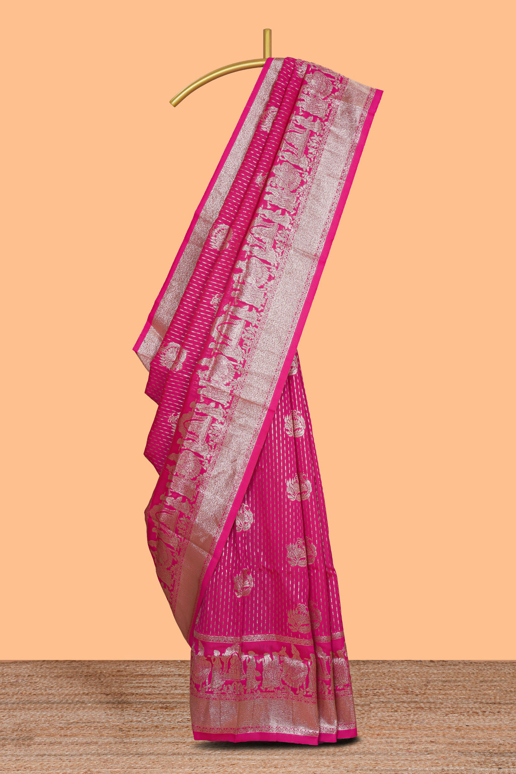 Pink floral motifs design art silk saree with self traditional palak design border and contrast blouse