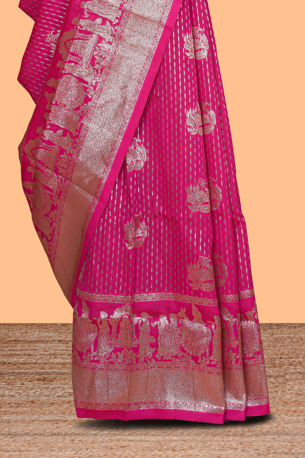 Pink floral motifs design art silk saree with self traditional palak design border and contrast blouse