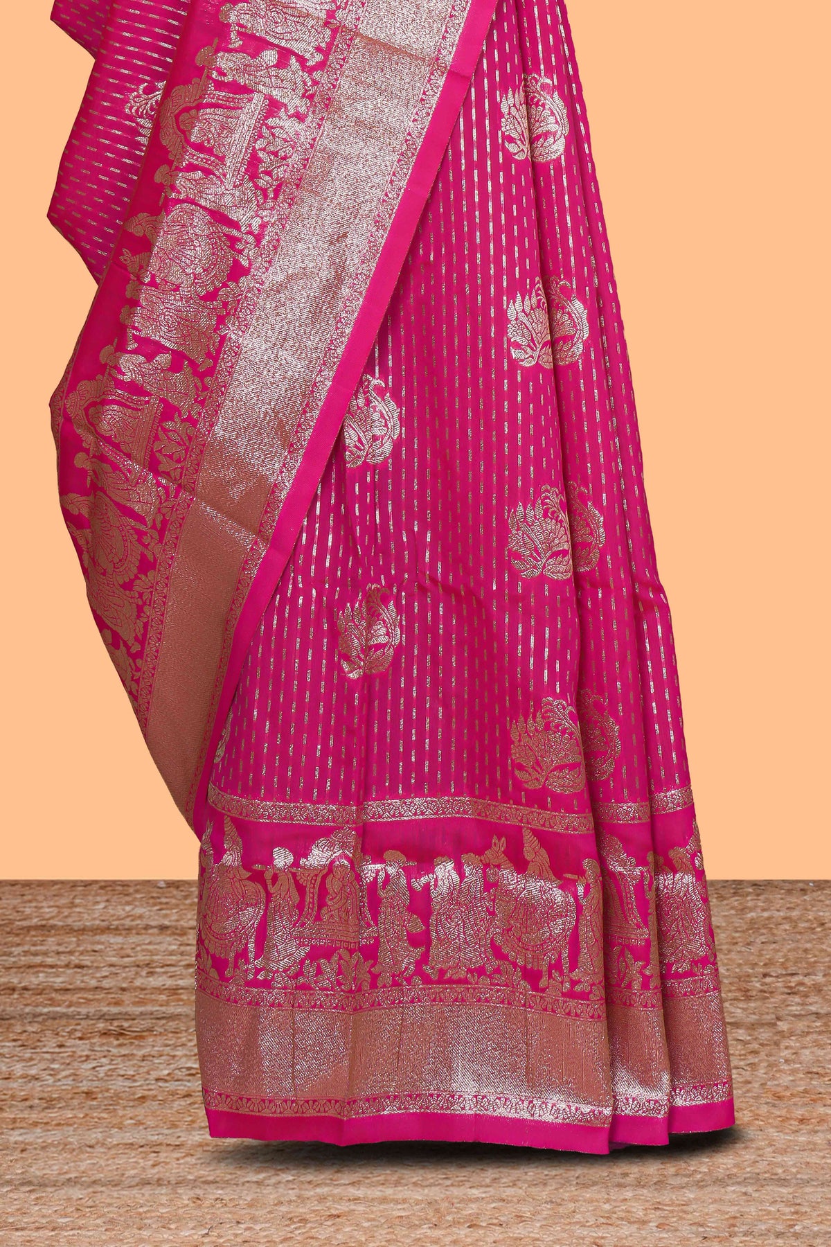 Pink floral motifs design art silk saree with self traditional palak design border and contrast blouse