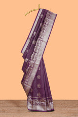Purple floral motifs design art silk saree with self traditional palak design border and contrast blouse