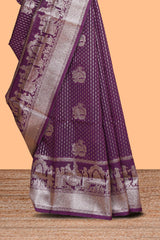 Purple floral motifs design art silk saree with self traditional palak design border and contrast blouse