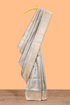Powder bluegeometric floral design art silk saree with contrast zari border and motifs blouse