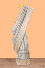Powder bluegeometric floral design art silk saree with contrast zari border and motifs blouse