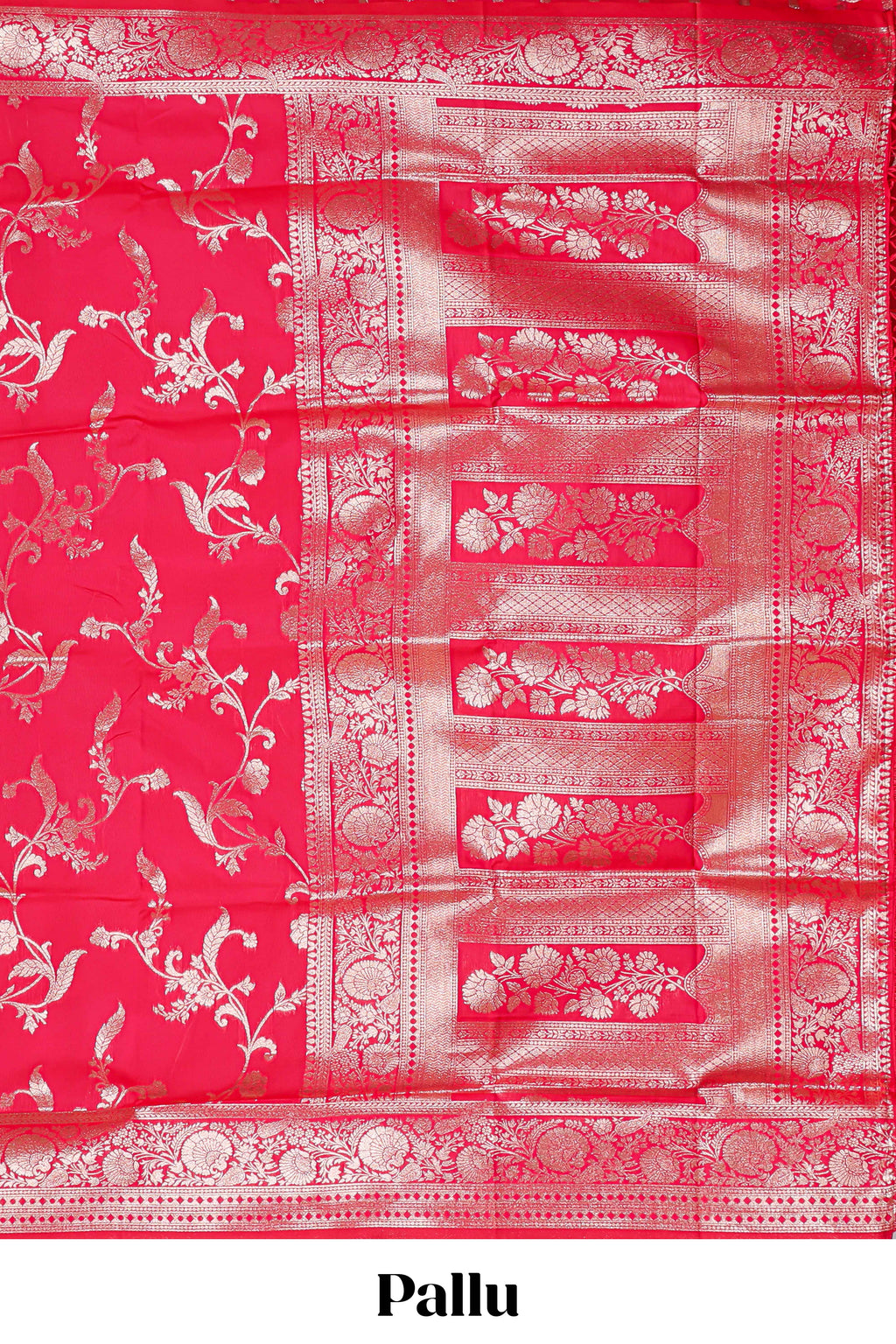 Rani pink floral design art silk saree with self zari border and motifs blouse