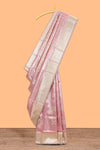 Pink geometric floral design art silk saree with contrast zari border and motifs blouse