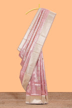 Pink geometric floral design art silk saree with contrast zari border and motifs blouse