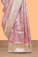 Pink geometric floral design art silk saree with contrast zari border and motifs blouse