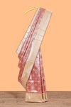 Pink floral design art silk saree with contrast zari border and motifs blouse