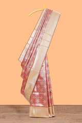 Pink floral design art silk saree with contrast zari border and motifs blouse