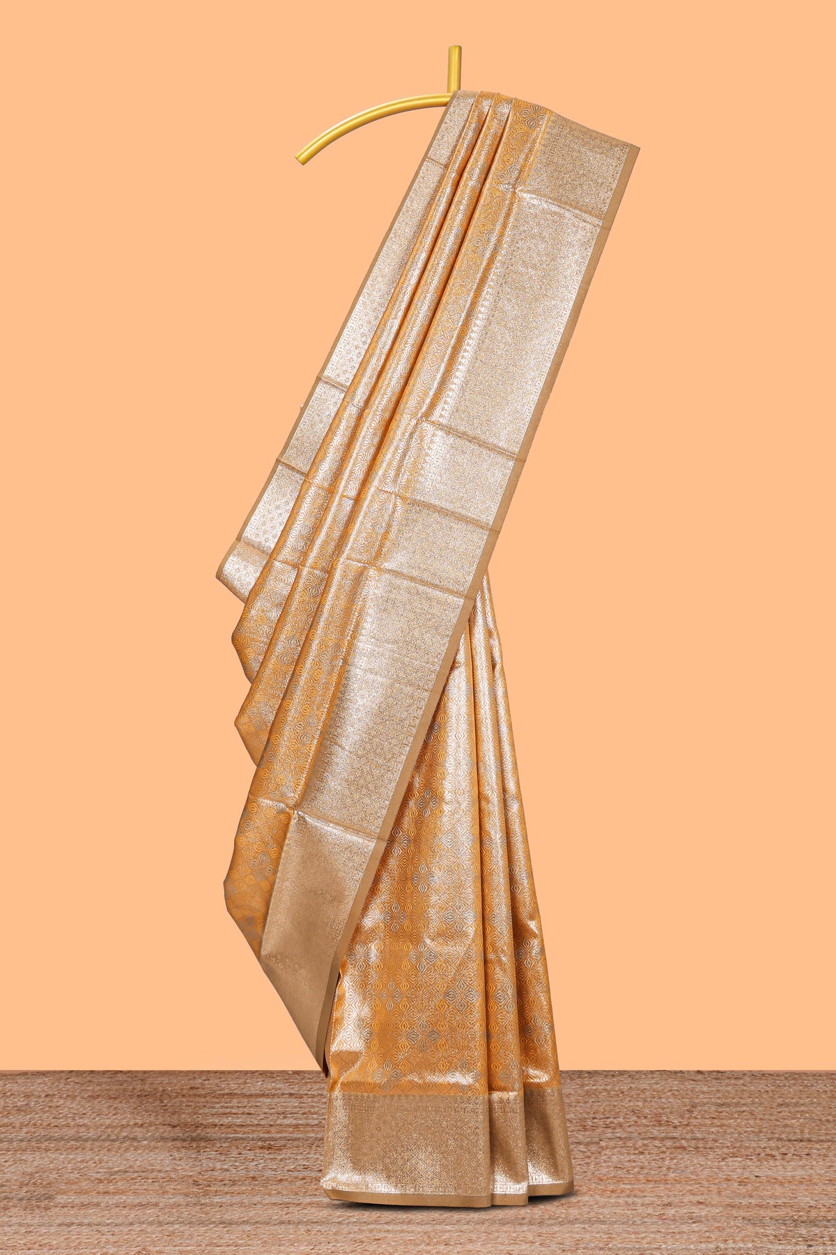 Mustard floral design art silk saree with contrast zari border and motifs blouse
