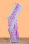 Lavender floral design art silk saree with contrast zari border and motifs blouse