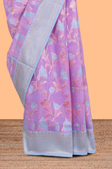 Lavender floral design art silk saree with contrast zari border and motifs blouse