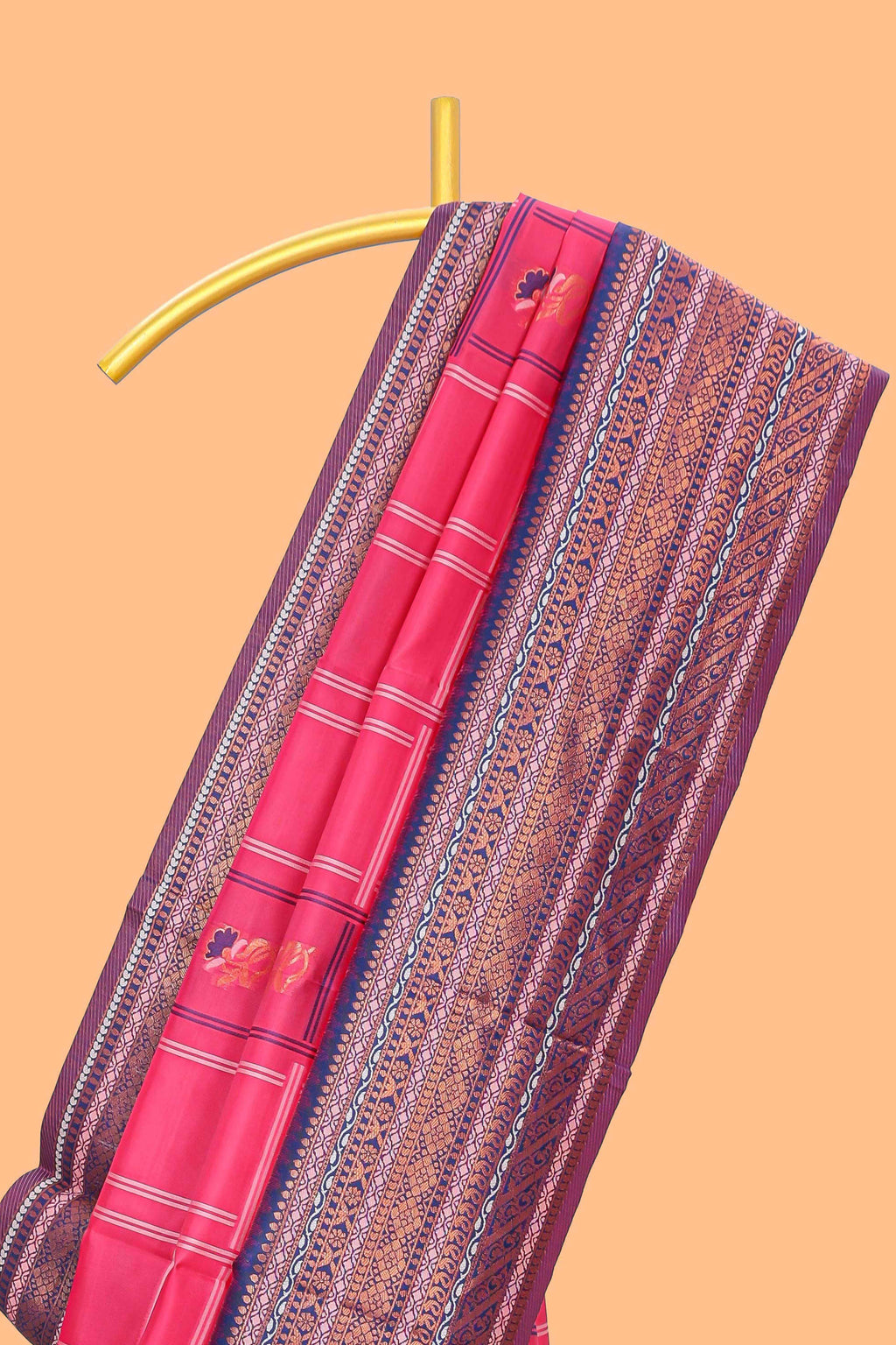 Pink checked floral motifs design art silk saree with contrast border and motifs blouse