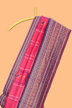 Pink checked floral motifs design art silk saree with contrast border and motifs blouse