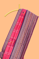 Pink checked floral motifs design art silk saree with contrast border and motifs blouse