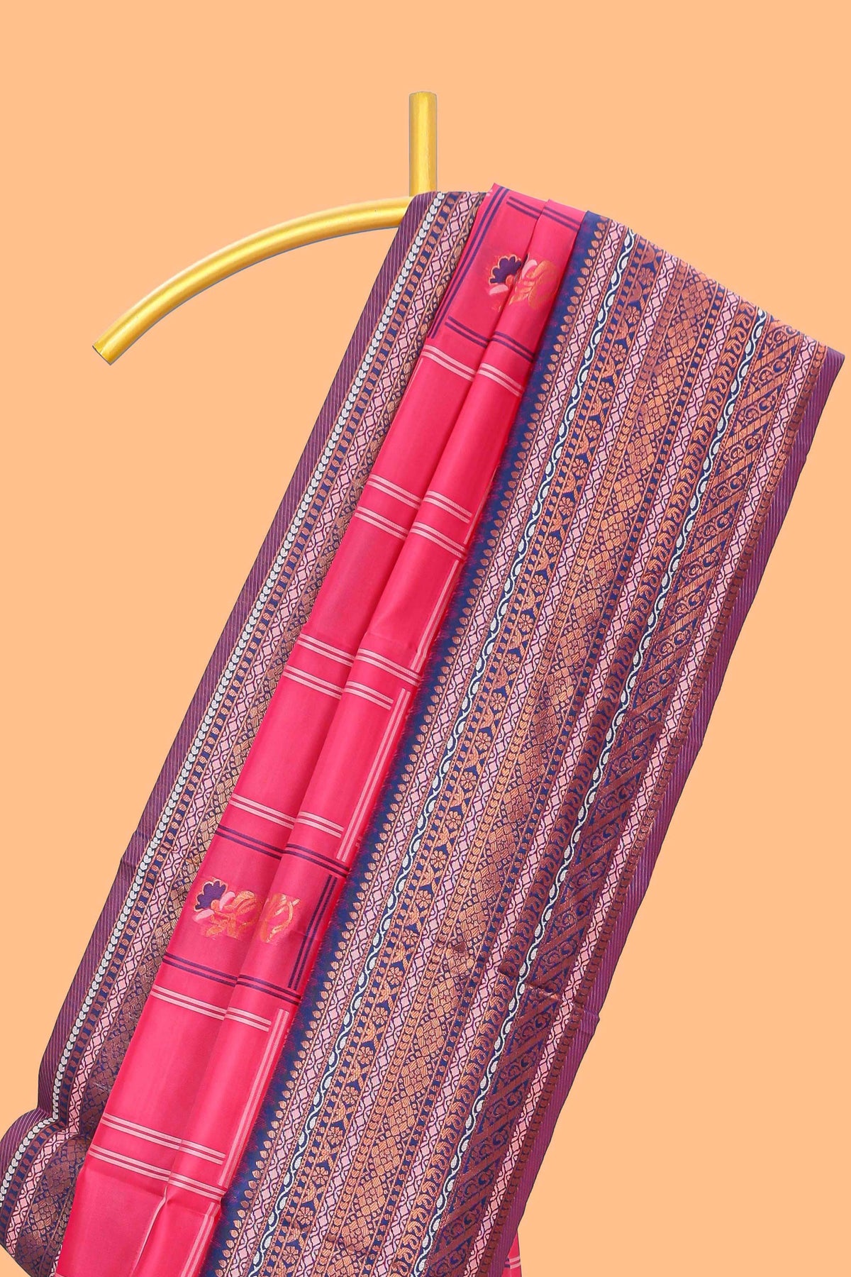 Pink checked floral motifs design art silk saree with contrast border and motifs blouse