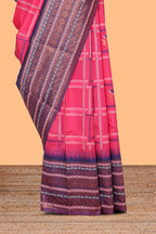 Pink checked floral motifs design art silk saree with contrast border and motifs blouse