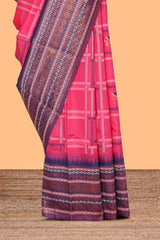 Pink checked floral motifs design art silk saree with contrast border and motifs blouse