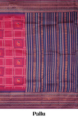Pink checked floral motifs design art silk saree with contrast border and motifs blouse