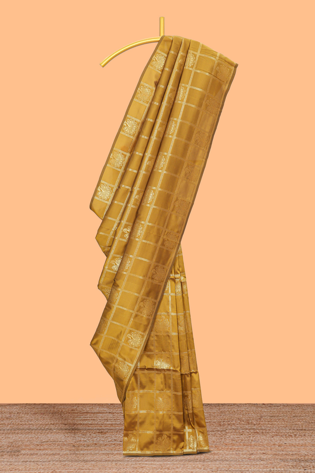 Borderless golden checked motifs design art silk saree with self zari pallu and motifs blouse