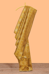 Borderless golden checked motifs design art silk saree with self zari pallu and motifs blouse