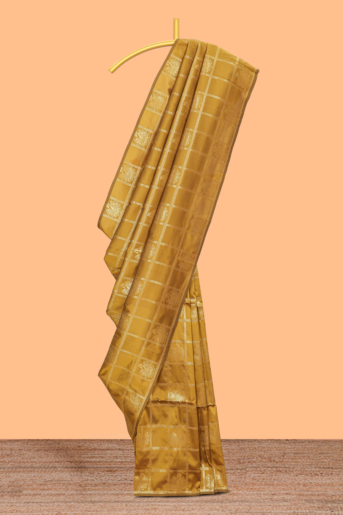 Borderless golden checked motifs design art silk saree with self zari pallu and motifs blouse