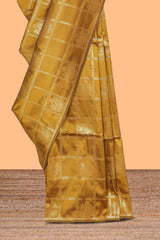 Borderless golden checked motifs design art silk saree with self zari pallu and motifs blouse