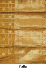 Borderless golden checked motifs design art silk saree with self zari pallu and motifs blouse