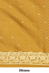 Borderless golden checked motifs design art silk saree with self zari pallu and motifs blouse
