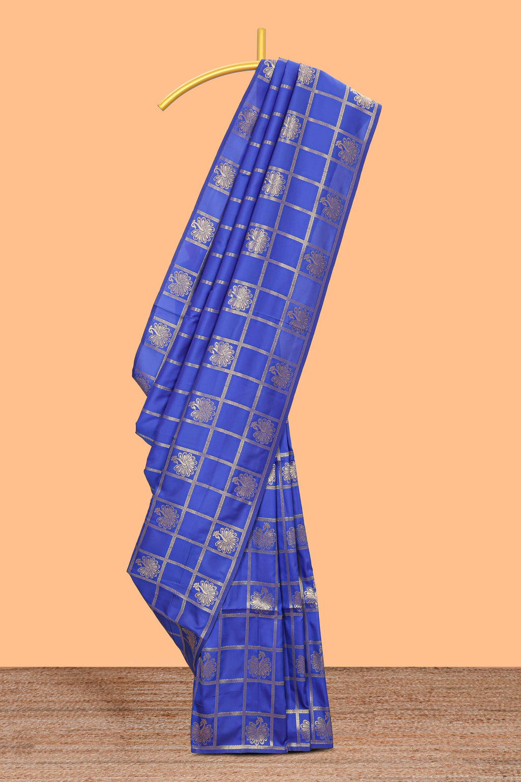 Borderless blue checked motifs design art silk saree with self zari pallu and motifs blouse
