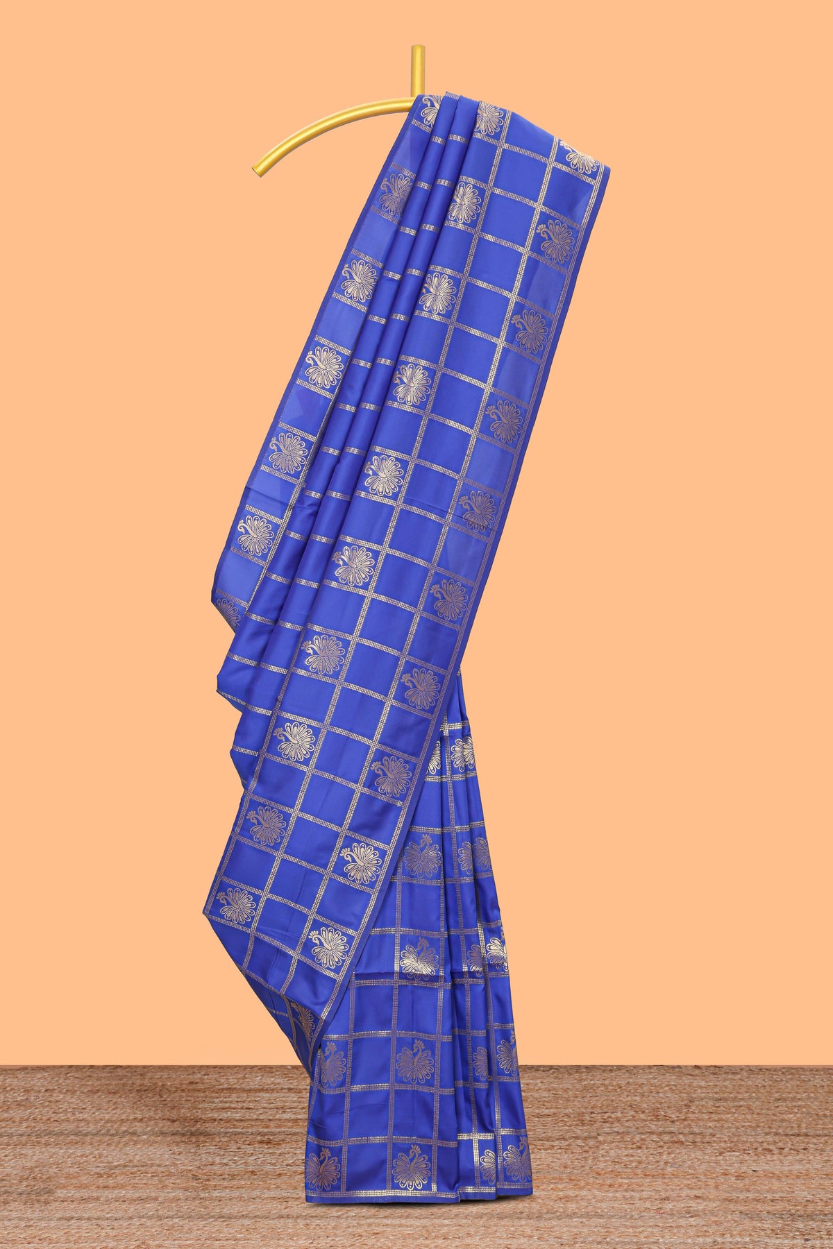 Borderless blue checked motifs design art silk saree with self zari pallu and motifs blouse