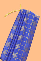 Borderless blue checked motifs design art silk saree with self zari pallu and motifs blouse