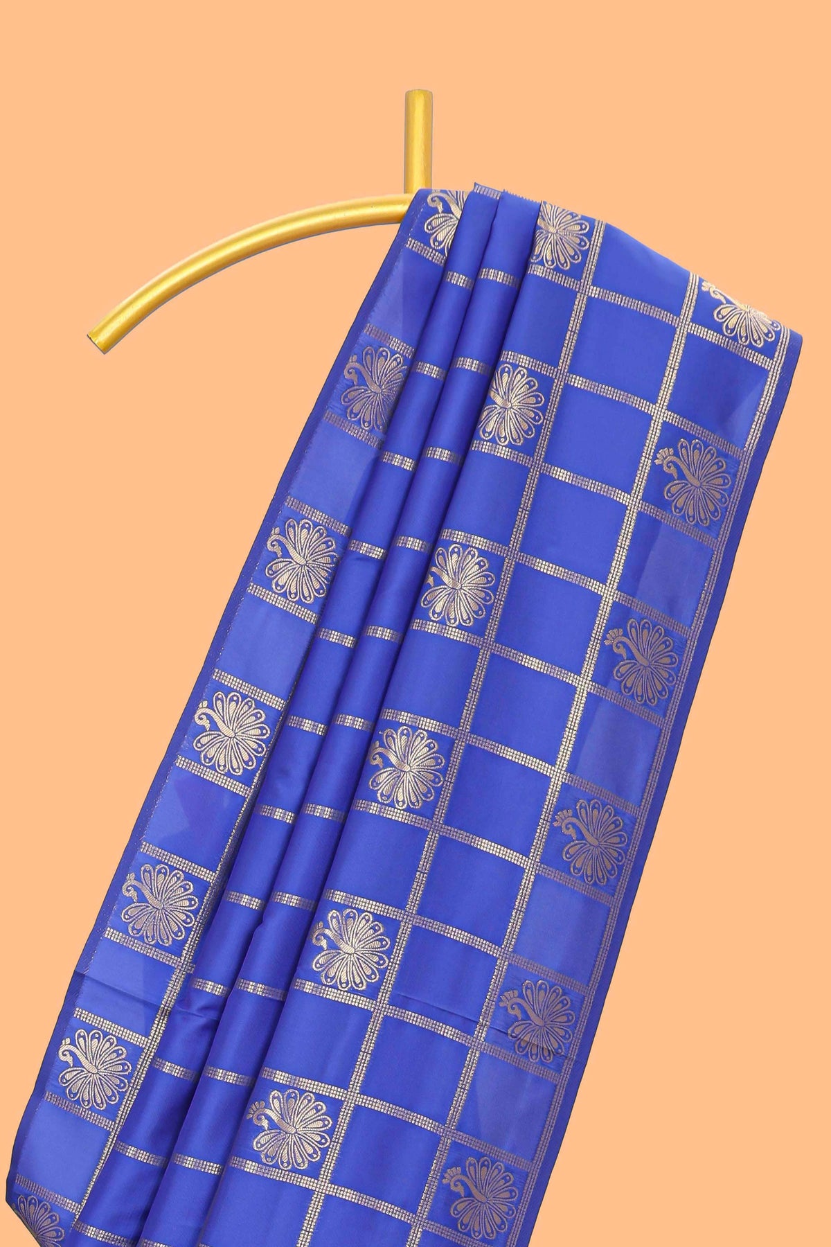 Borderless blue checked motifs design art silk saree with self zari pallu and motifs blouse
