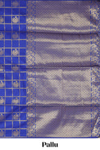 Borderless blue checked motifs design art silk saree with self zari pallu and motifs blouse