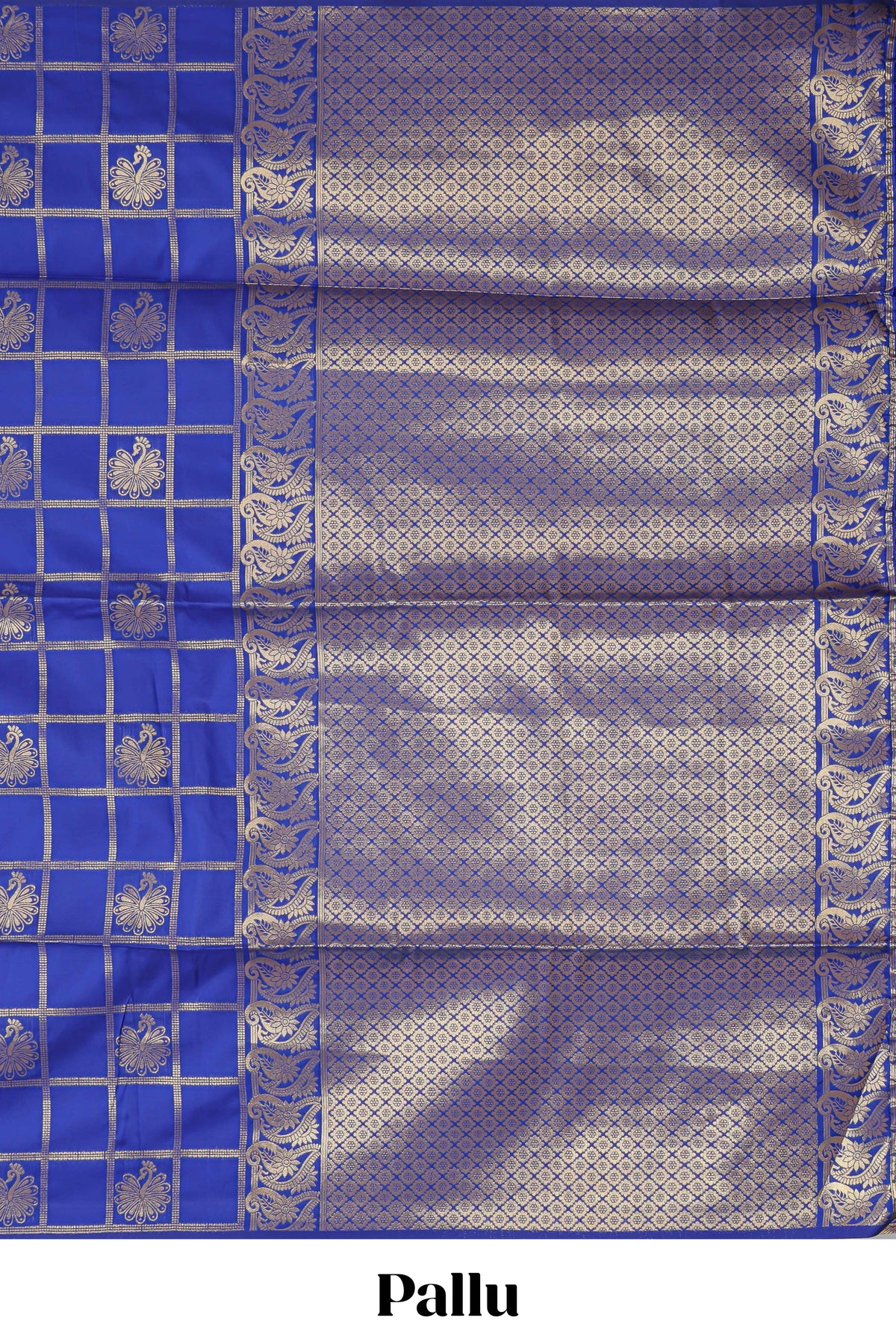 Borderless blue checked motifs design art silk saree with self zari pallu and motifs blouse