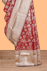 Red floral design art silk saree with contrast zari border and motifs blouse